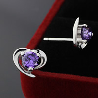 Cubic Zircon (CZ) Stud Earring, Brass, Heart, real silver plated, for woman & with cubic zirconia lead & cadmium free, 8mm 
