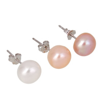 Freshwater Pearl Stud Earring, 925 Sterling Silver, with Freshwater Pearl, real silver plated, natural 8-8.5mm 