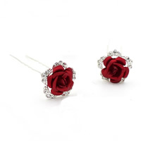Zinc Alloy Hair Stick, with Spun Silk, Flower, platinum color plated, for bridal & with rhinestone, lead & cadmium free 