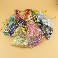 Organza Jewelry Pouches Bags, Rectangle, with flower pattern & gold accent 