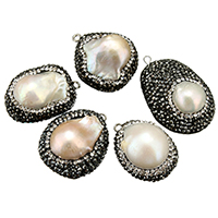 Natural Freshwater Pearl Loose Beads, with Rhinestone Clay Pave & Brass, platinum color plated, mixed, 20-27x27-37x12-16mm Approx 2mm 