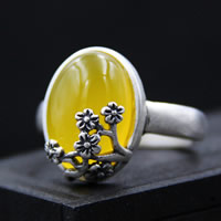Anillo de dedo de plata de rey de Tailandia, con calcedonia amarilla, Redondo Aplanado, para mujer, 14x10mm, tamaño:6-9.5, Vendido por UD