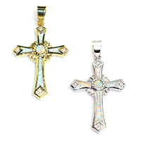Cubic Zirconia Micro Pave Brass Pendant, with Opal, Cross, plated, micro pave cubic zirconia Approx 