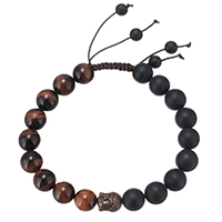 Bracelets en pierres oeil de tigre, avec corde en nylon & agate noire, bijoux bouddhiste & réglable 10mm Environ 7-10 pouce, Vendu par brin