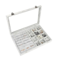 Baumwollsamt Ringkasten, mit Glas & Holz & Zinklegierung, Rechteck, Platinfarbe platiniert, 350x240x50mm, verkauft von PC
