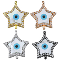 Connecteur de bijoux de mauvais œil, laiton, avec coquille blanche, étoile, Placage, motif de mauvais œil & pavé de micro zircon, plus de couleurs à choisir Environ 1mm, Vendu par PC