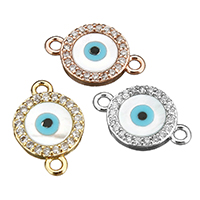 Evil Eye Jewelry Connector, Brass, with White Shell, Flat Round, plated, evil eye pattern & micro pave cubic zirconia & 1/1 loop Approx 1.5mm 