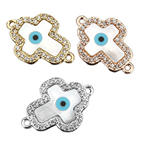 Evil Eye Jewelry Connector, Brass, with White Shell, Cross, plated, evil eye pattern & micro pave cubic zirconia & 1/1 loop Approx 1mm 