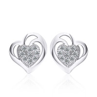 Silver Earring Zircon pavent Sterling, argent sterling 925, coeur, Plaqué de platine, pavé de micro zircon & pour femme & creux Vendu par paire