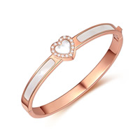 Titanium Steel Bracelet & Bangle, with White Shell, Heart, rose gold color plated, for woman & with rhinestone, 6mm, Inner Approx 59mm 