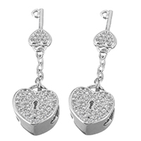 Brass European Pendants, heart and key, platinum plated, micro pave cubic zirconia & without troll, 34mm Approx 4.6mm 
