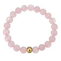 Rose Quartz Bracelet, with Stainless Steel, Round, gold color plated, for woman, 9mm, 8mm Approx 7 Inch 