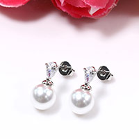 Glass Pearl Drop Earring, Zinc Alloy, with Glass Pearl, Round, silver color plated, for woman & with rhinestone 