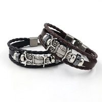 Unisex Bracelet, Cowhide, with Non Magnetic Hematite & Zinc Alloy, Owl, plated, braided bracelet 6mm Approx 8.2 Inch 