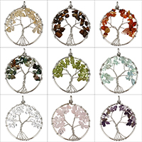 Pendentif arbre de vie, laiton, avec pierre gemme, Placage de couleur platine, différents matériaux pour le choix, 49-52x62-66x6-8mm Environ 4-5x6-8mm, Vendu par PC