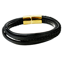 Men Bracelet, Cowhide, with Stainless Steel, gold color plated, braided bracelet & for man & , black 8mm, 3.5mm, 2.5mm Approx 8.5 Inch 