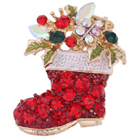 Christmas Jewelry Brooch , Zinc Alloy, with Crystal, Christmas Boot, gold color plated, Unisex & enamel & with rhinestone, lead & cadmium free 