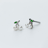 Sterling Silver Stud Earring, 925 Sterling Silver, with Shell Pearl, Cherry, for woman & enamel, 6.5mm 