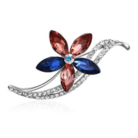 Crystal Brooch, Zinc Alloy, Flower, platinum color plated, for woman & with rhinestone, lead & cadmium free 