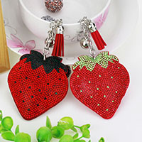 Rhinestone Zinc Alloy Key Chain, with PU Leather & Velveteen, Strawberry, platinum color plated, with rhinestone 