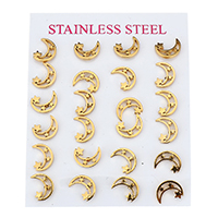 Stainless Steel Stud Earring, Moon and Star, gold color plated, for woman 