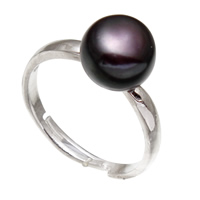 Pearl Brass Finger Ring, with Freshwater Pearl, platinum color plated, for woman, black, 10-11mm Approx 18mm, US Ring 