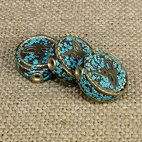 Indonesia Jewelry Beads, with Synthetic Turquoise & Brass, Flat Round Approx 1.5mm 
