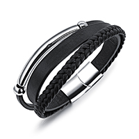 Titanium Steel Bracelet & Bangle, PU Leather, with Titanium Steel, plated & for man & , black, 62mm 