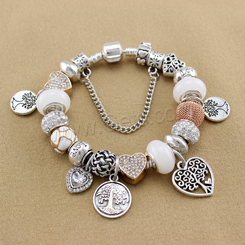 Zinc Alloy European Bracelets, with brass chain & Rhinestone Clay Pave & Crystal & Lampwork, plated, charm bracelet & tree of life design & different length for choice & snake chain & for woman & enamel & faceted & with rhinestone, Sold By Strand