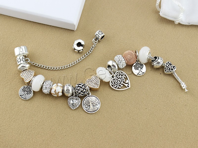 Zinc Alloy European Bracelets, with brass chain & Rhinestone Clay Pave & Crystal & Lampwork, plated, charm bracelet & tree of life design & different length for choice & snake chain & for woman & enamel & faceted & with rhinestone, Sold By Strand