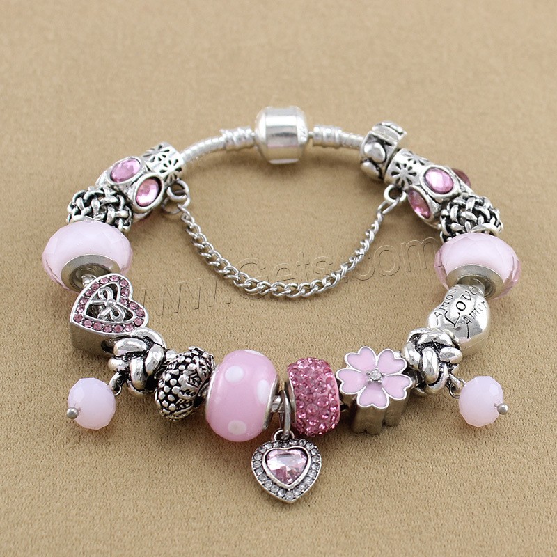 Zinc Alloy European Bracelets, with brass chain & Rhinestone Clay Pave & Crystal & Lampwork, plated, charm bracelet & different length for choice & snake chain & for woman & enamel & faceted & with rhinestone, Sold By Strand