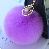 Zinc Alloy Key Clasp, Rabbit Fur, with iron ring & Glass Pearl & Zinc Alloy, gold color plated 10cm 