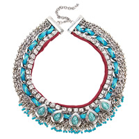 Fashion Statement Necklace, Zinc Alloy, with Nylon Cord & Synthetic Turquoise & Glass Seed Beads, with 3.1lnch extender chain, antique silver color plated, Bohemian style & for woman & with rhinestone, 43mm Approx 18.5 Inch 