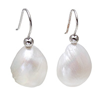 Aretes de agua dulce perla latón, Perlas cultivadas de agua dulce, con metal, para mujer, Blanco, 13-14mm, 36mm, Vendido por Par
