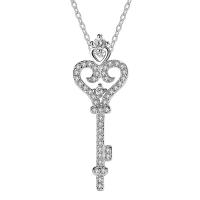 Cubic Zircon Micro Pave Sterling Silver Necklace, 925 Sterling Silver, with 1.7lnch extender chain, Key, platinum plated, oval chain & micro pave cubic zirconia & for woman Approx 16 Inch 