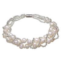 Bracelets de perles en verre  , perle d'eau douce cultivée, avec perles de rocaille en verre, laiton fermoir magnétique, pomme de terre, naturel, pour femme, blanc, 4-5mm Environ 7.5 pouce, Vendu par brin
