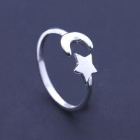 Brass Finger Ring, Moon and Star, thick 925 sterling silver plated, adjustable & for woman, nickel, lead & cadmium free  US Ring 