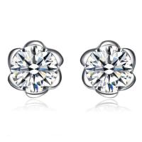 Cubic Zircon Brass Earring, Flower, thick 925 sterling silver plated, 6 petal & for woman & with cubic zirconia, nickel, lead & cadmium free 