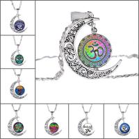 Time Gem Jewelry Necklace, Zinc Alloy, with iron chain & Glass, with 5cm extender chain, Moon, antique silver color plated, with om symbol & Unisex & valentino chain & decal, lead & cadmium free, 25mm Approx 17.5 Inch 