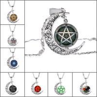 Zinc Alloy Necklace, with iron chain & Glass, with 5cm extender chain, Moon, antique silver color plated, starry design & time gem jewelry & Unisex & valentino chain & decal, lead & cadmium free, 25mm Approx 17.5 Inch 