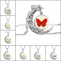 Zinc Alloy Necklace, with iron chain & Glass, with 5cm extender chain, Moon, antique silver color plated, time gem jewelry & Unisex & with butterfly pattern & valentino chain & decal, lead & cadmium free, 25mm Approx 17.5 Inch 