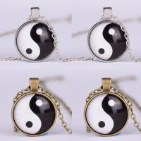 Time Gem Jewelry Necklace, Zinc Alloy, with iron chain & Glass, with 5cm extender chain, Flat Round, plated, ying yang & Unisex & oval chain & decal lead & cadmium free, 25mm Approx 17.5 Inch 