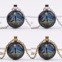 Time Gem Jewelry Necklace, Zinc Alloy, with iron chain & Glass, with 5cm extender chain, Flat Round, plated, tree of life design & Unisex & oval chain & decal lead & cadmium free, 25mm Approx 17.5 Inch 