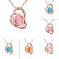 Cats Eye Necklace, Brass, with Cats Eye, with 5cm extender chain, real rose gold plated, oval chain & for woman & with Austria rhinestone nickel, lead & cadmium free Approx 15.5 Inch 