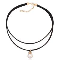 Fashion Choker Necklace, Velveteen, with ABS Plastic Pearl & Brass, with 5cm extender chain, real gold plated, for woman & with Austria rhinestone & Approx 14 Inch 