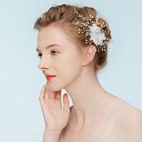 alliage de zinc Bijoux de cheveux Fleurs, avec Plastique ABS perle & ruban de satin, Placage de couleur d'or, pour mariée, sans plomb et cadmium, 100-120mm, Vendu par PC