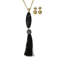 Agate Jewelry Sets, Stainless Steel, sweater chain necklace & earring, with Rhinestone Clay Pave & Lace Agate, Tassel, gold color plated, oval chain & for woman 3.5mm, 8mm Approx 29 Inch 