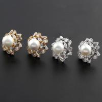 Brass Stud Earring, with Shell Pearl, Flower, plated, micro pave cubic zirconia & for woman nickel, lead & cadmium free 