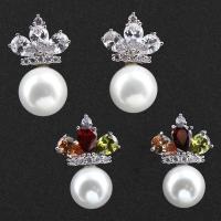 Brass Stud Earring, with Shell Pearl & Crystal, silver color plated, micro pave cubic zirconia & for woman & faceted nickel, lead & cadmium free 
