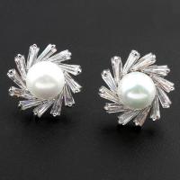 Brass Stud Earring, with Shell Pearl, Flower, silver color plated, micro pave cubic zirconia & for woman, nickel, lead & cadmium free 